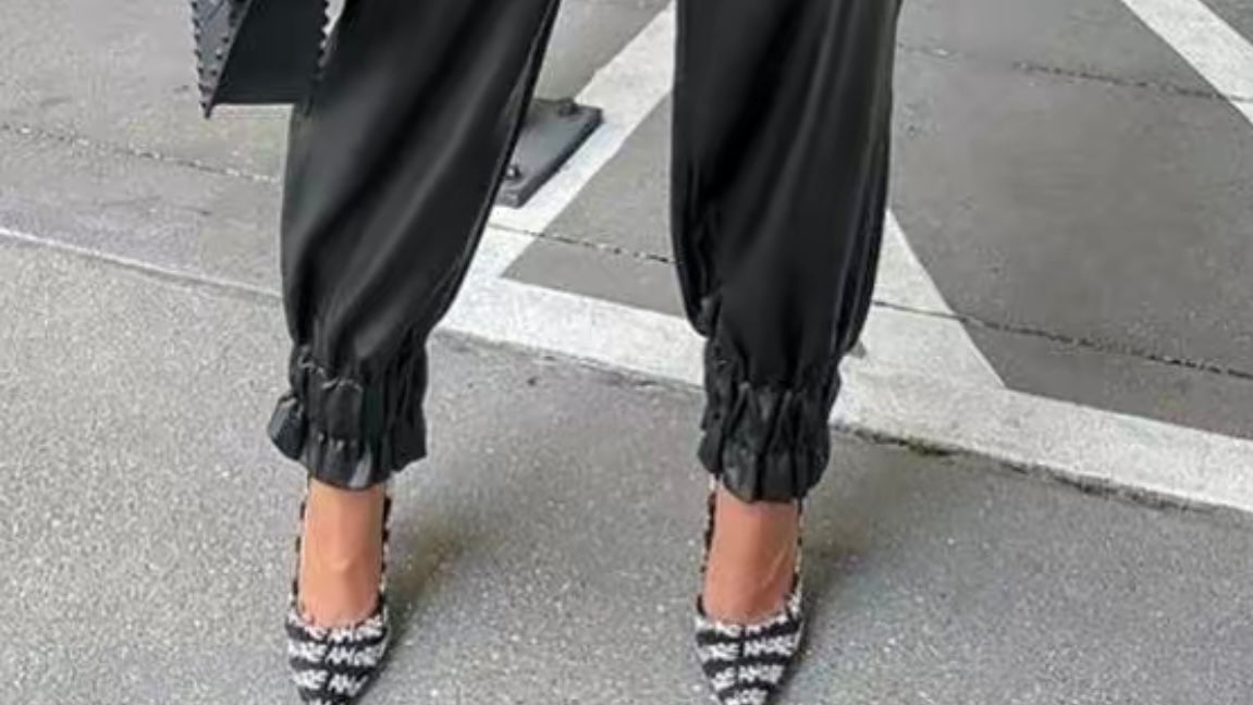 PU Leather Shirring Detail High Waist Pants