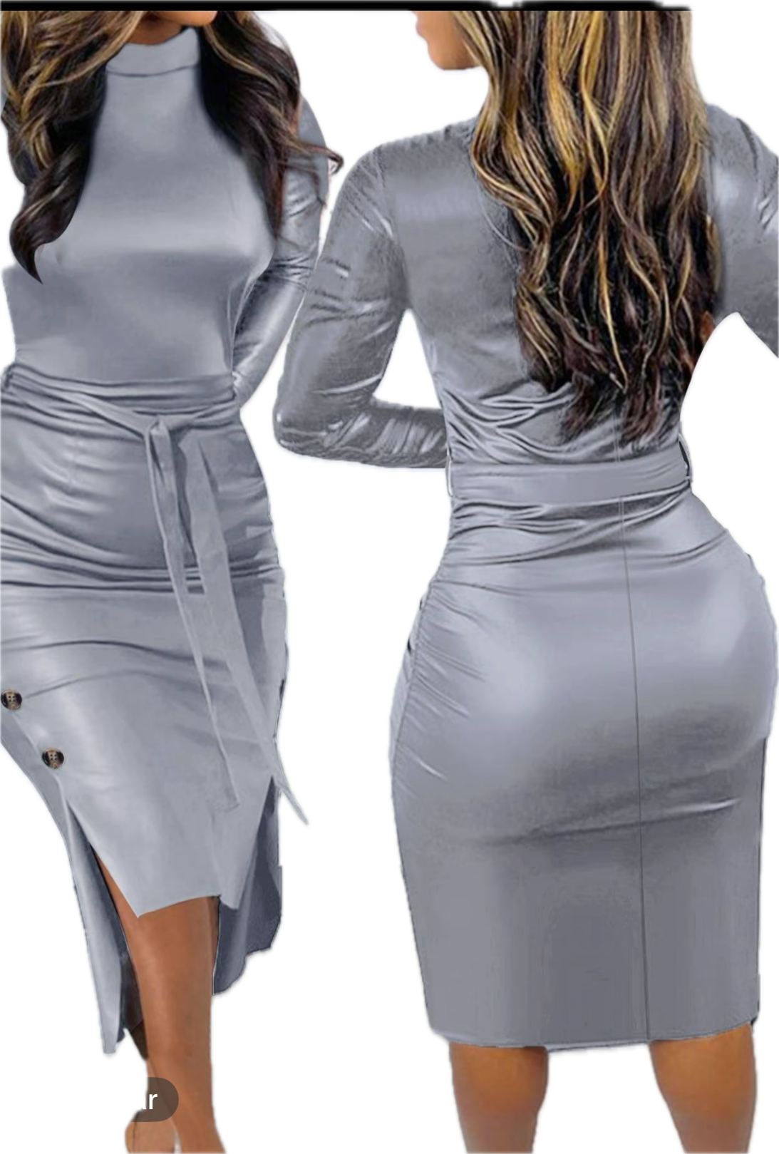 Women's Solid Ruched Belted High Low Split Dress,