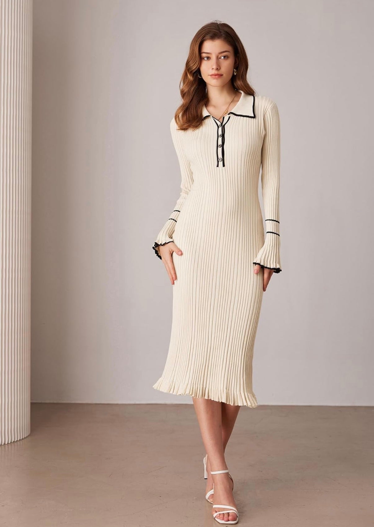 GRACE KARIN Women
Ribbed Sweater Dress Long Sleeve Lapel Collar Knitte..