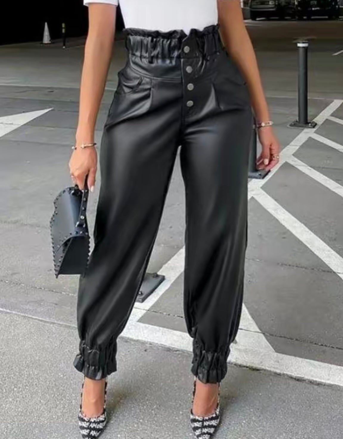 PU Leather Shirring Detail High Waist Pants