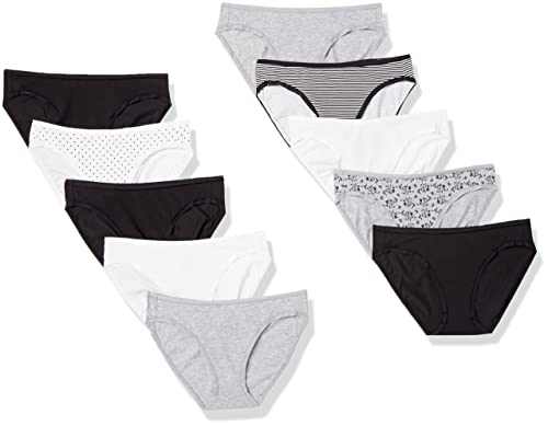 Amazon Essentials Women's Cotton Bikini Brief Underwear (Available in Plus Size), Pack of 10, Dots/Floral/Multicolor/Stripe, Large
