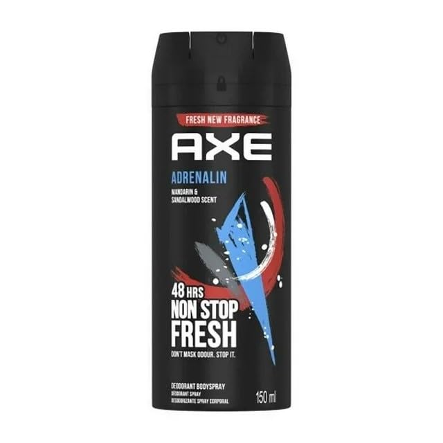 (6 Pack) Axe Adrenalin Body Spray for Men, 5.07 Oz (150ml) |Mandarin & Sandalwood scent |48H Non Stop Fresh |by SBD