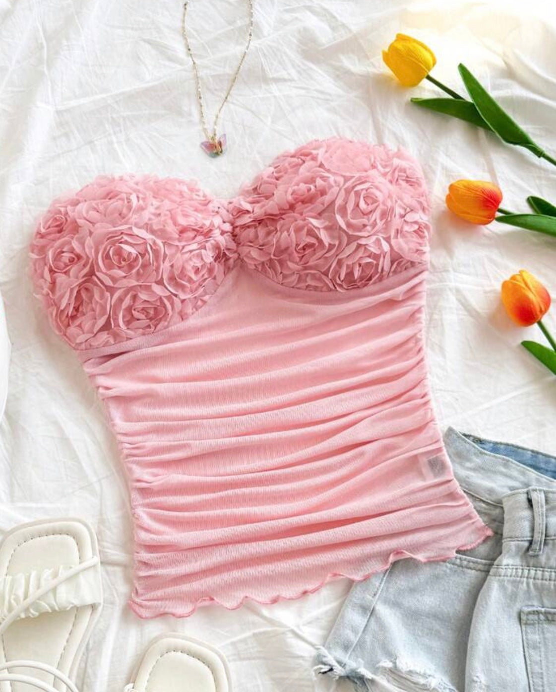 Women's Plain Ruched 3D Rose Bandeau Crop Top