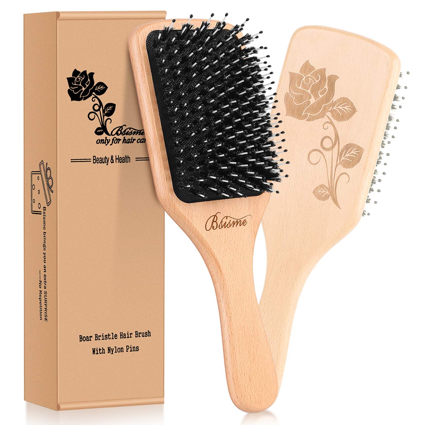 Bsisme Hair Brush-Boar Bristle Hairbrush with Detangling Pins Wooden Paddle Detangler Hairbrush for Women Men Reduce Frizz Dry Restore Natural Shine