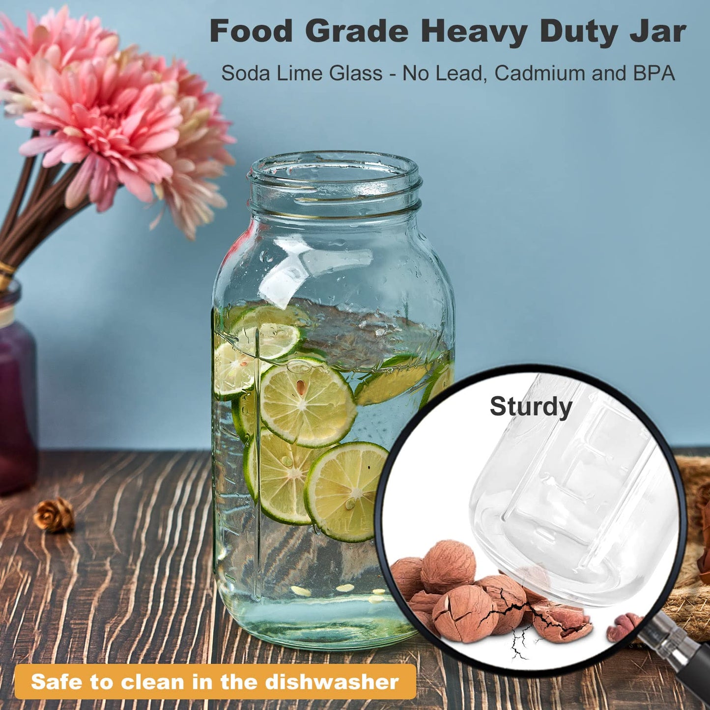 Glass Mason Jar Pitcher, 64 oz Wide Mouth Jug with Pour Spout Handle Lid for Cold Brew Coffee, Ice Beverage, Iced Juice, Lemonade, Sun Tea, Fruit Drinks Container