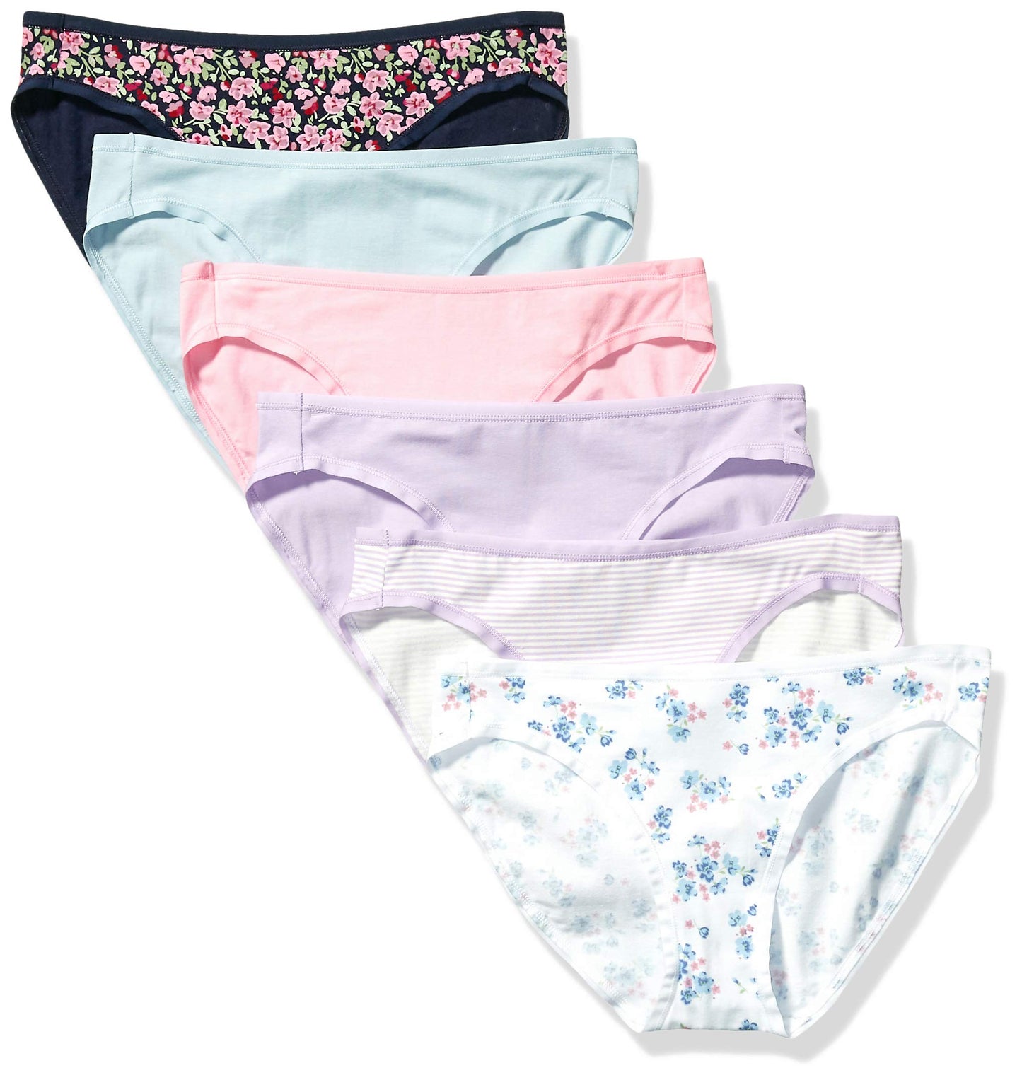 Amazon Essentials Women's Cotton Bikini Brief Underwear (Available in Plus Size), Pack of 6, Black Floral/Blue/Lilac/Pink/Stripe/White Ditsy Floral, Large