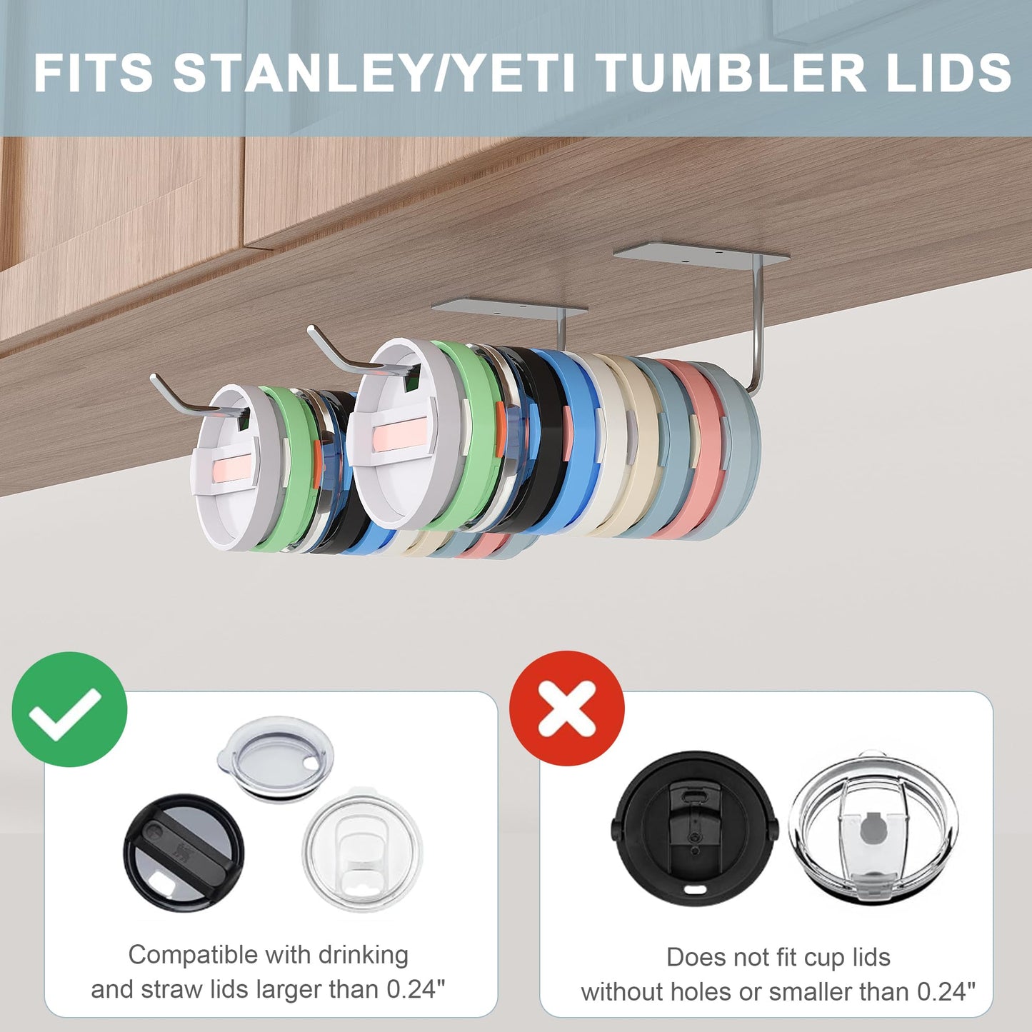2 Pack Tumbler Lid Organizer, Cup Lid Organizers Inside Cabinet for Stanley/Yeti/Corkcicle/Simple Modern Tumbler Lids, 8" Cup Lid Holders, Space Saving Tumbler Lid Storage Hook for Kitchen Cabinet