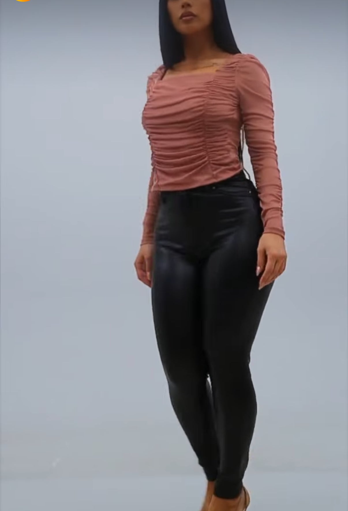 Long Sleeve Square Neck Shirred Mesh Top Mauve