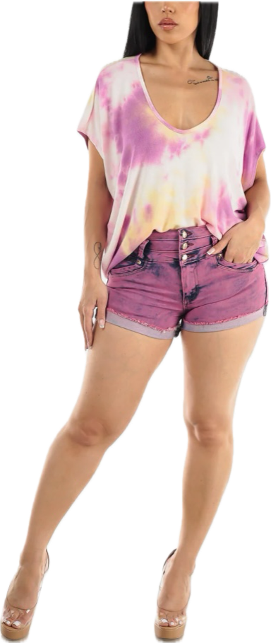 Butt Lift Acid Wash Cuffed Denim Purple Shorts