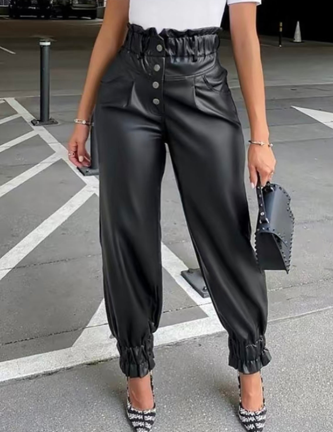 PU Leather Shirring Detail High Waist Pants