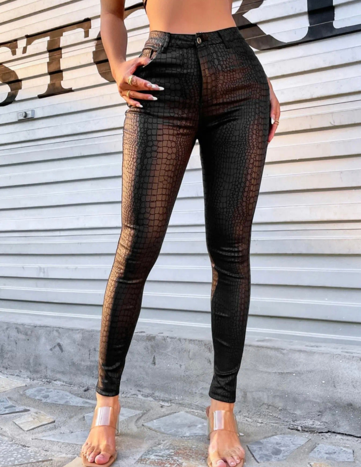 Crocodile Print High ~
Waist Button Pocket Skinny Pants,