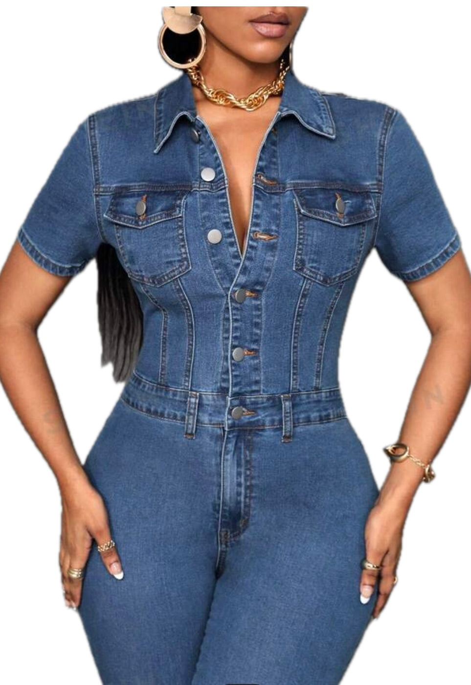 Essnce Flap Pocket
Button Front Denim Jumpsuit