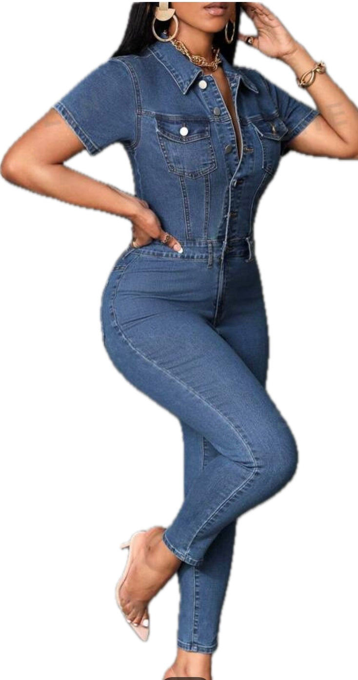 Essnce Flap Pocket
Button Front Denim Jumpsuit