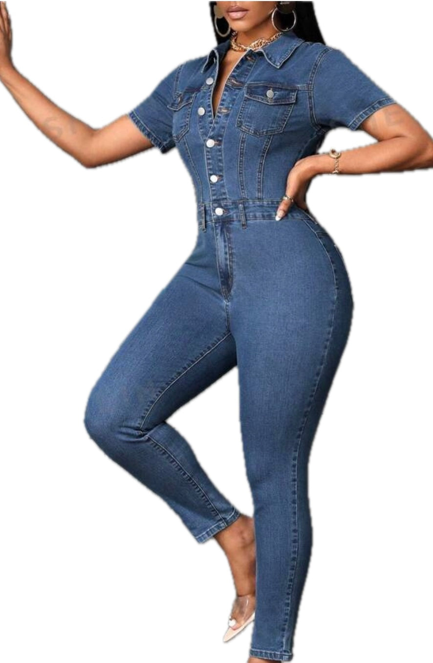 Essnce Flap Pocket
Button Front Denim Jumpsuit