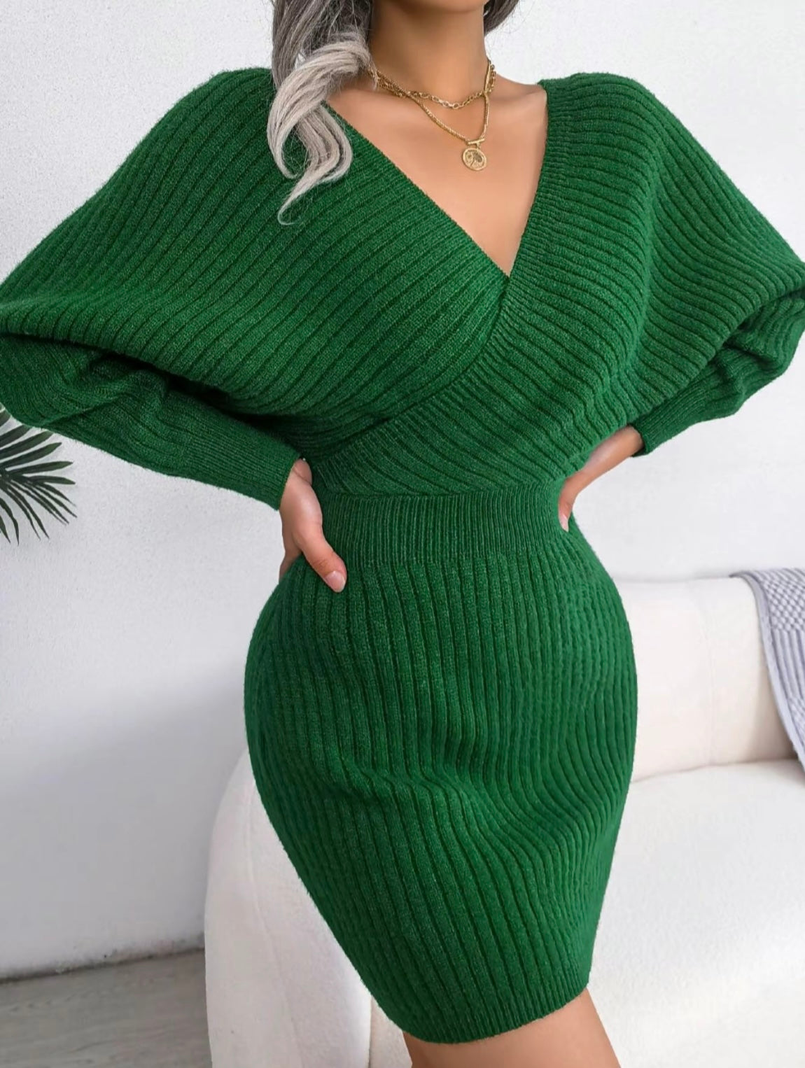Solid Color Crossed V-Neck Batwing Sleeve Sweater Dress
