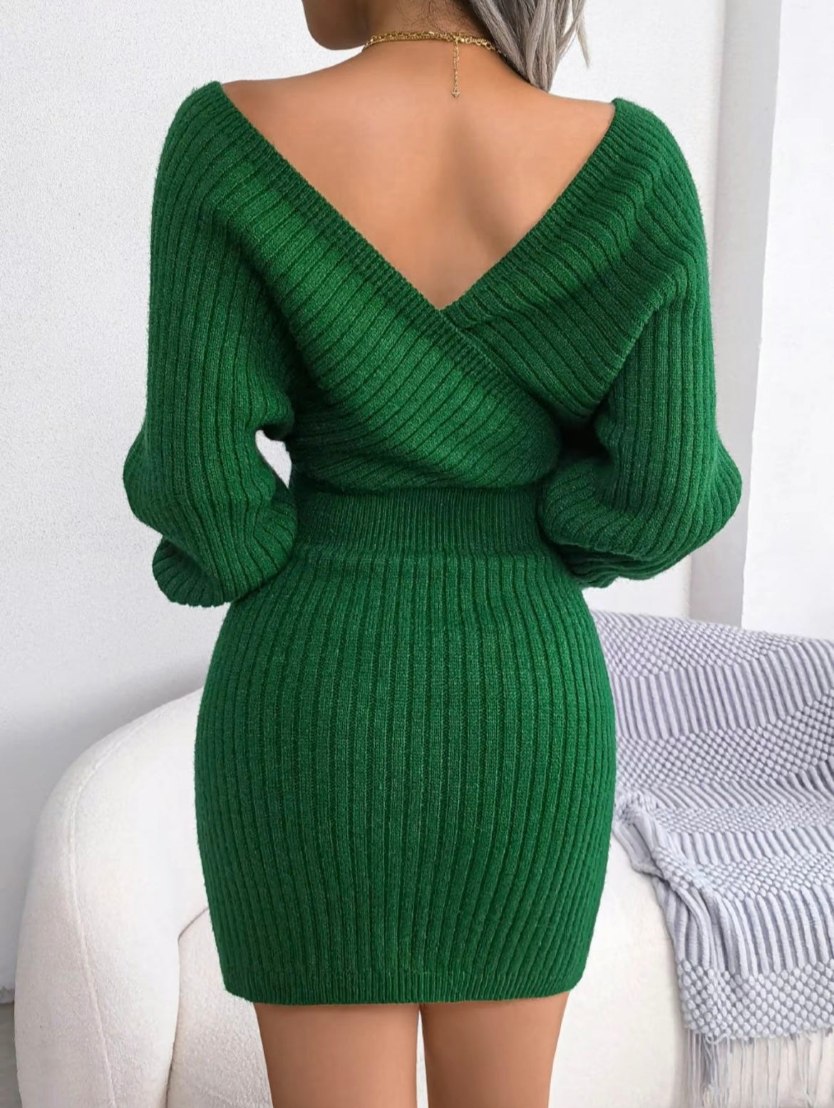 Solid Color Crossed V-Neck Batwing Sleeve Sweater Dress