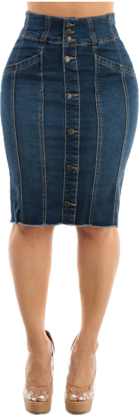 Button Up Denim Fringe Hem
Pencil Skirt Dark Wash
