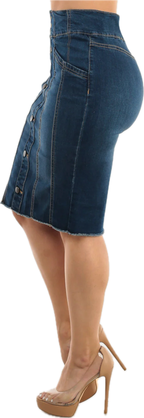 Button Up Denim Fringe Hem
Pencil Skirt Dark Wash