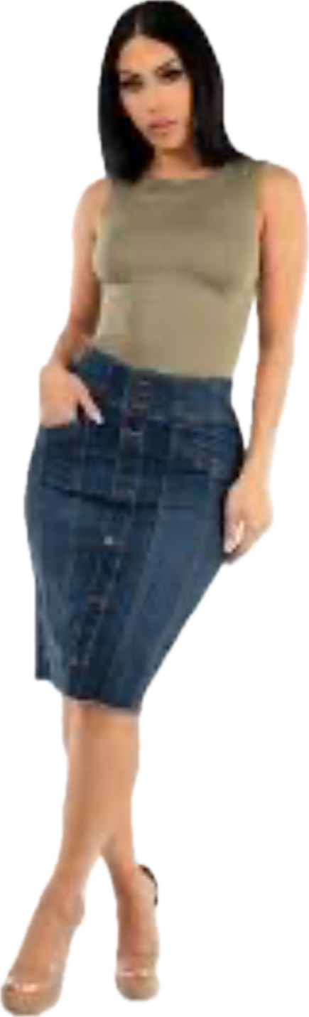 Button Up Denim Fringe Hem
Pencil Skirt Dark Wash