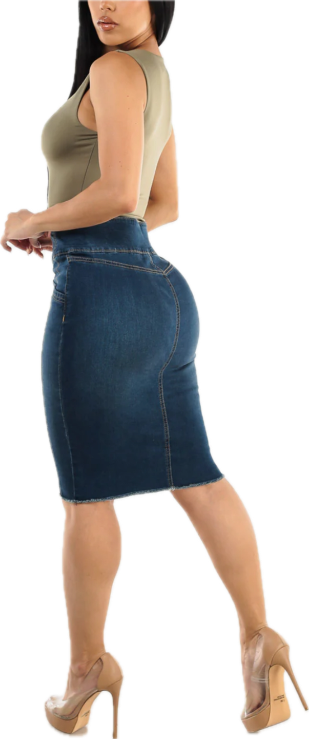 Button Up Denim Fringe Hem
Pencil Skirt Dark Wash