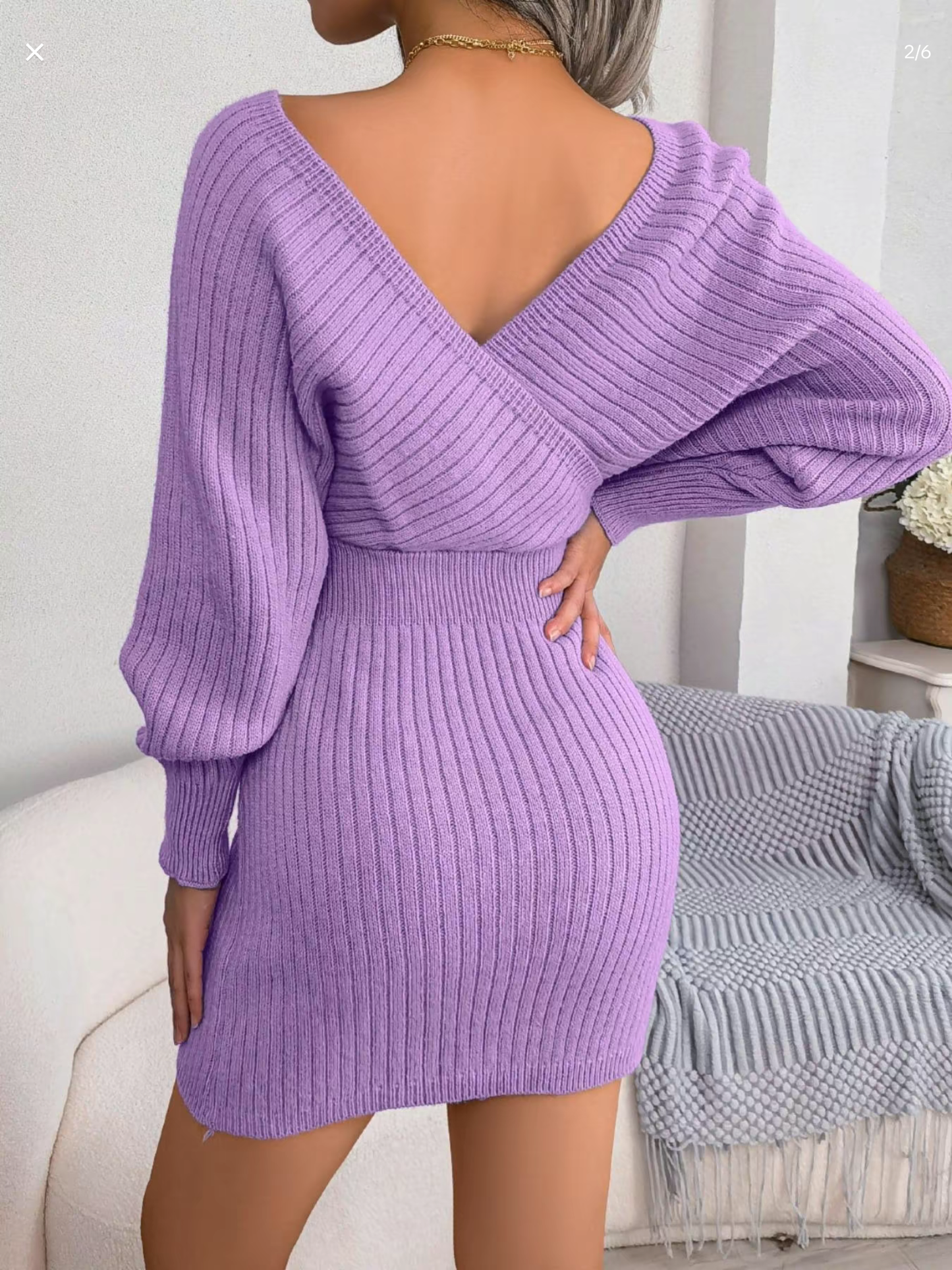 Solid Color Crossed V-Neck Batwing Sleeve Sweater Dress