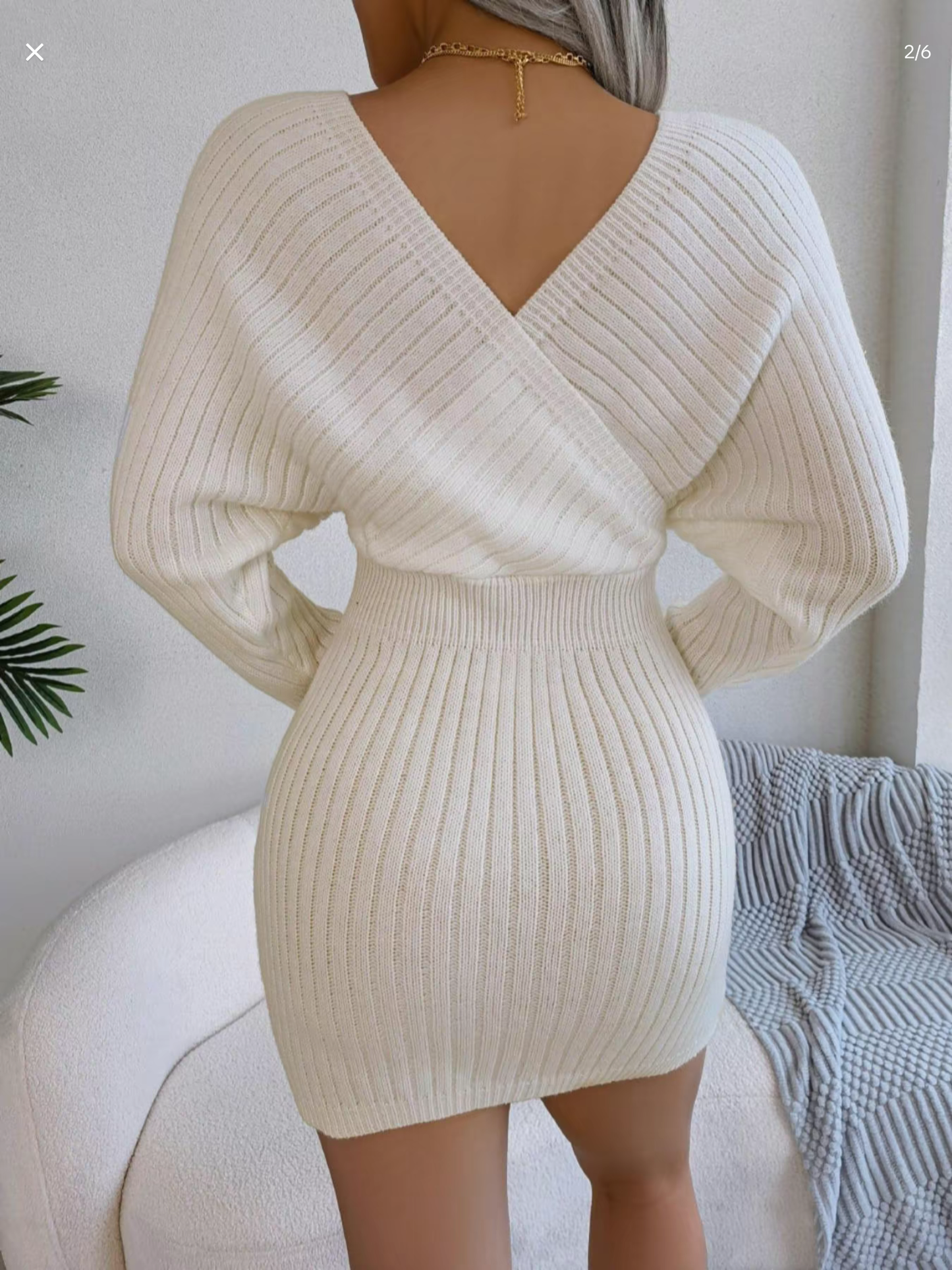 Solid Color Crossed V-Neck Batwing Sleeve Sweater Dress