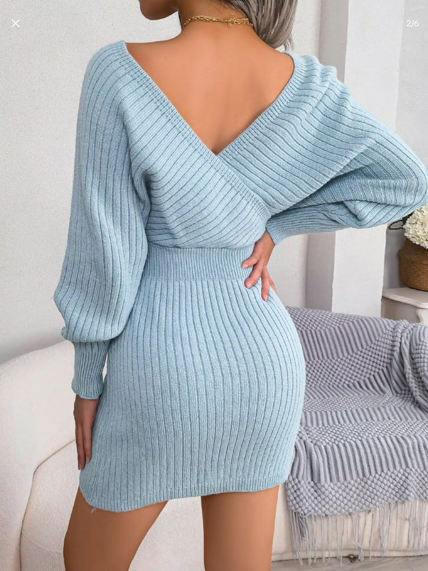Solid Color Crossed V-Neck Batwing Sleeve Sweater Dress
