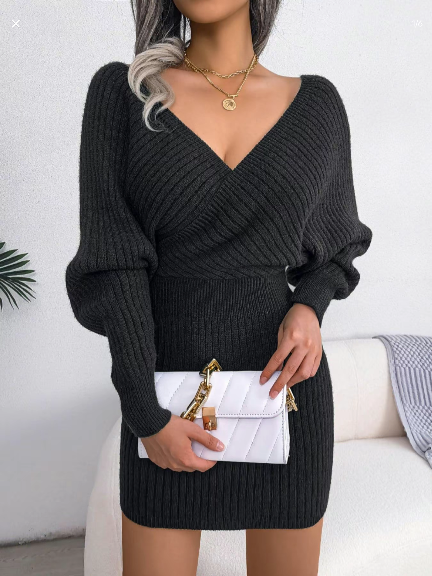 Solid Color Crossed V-Neck Batwing Sleeve Sweater Dress