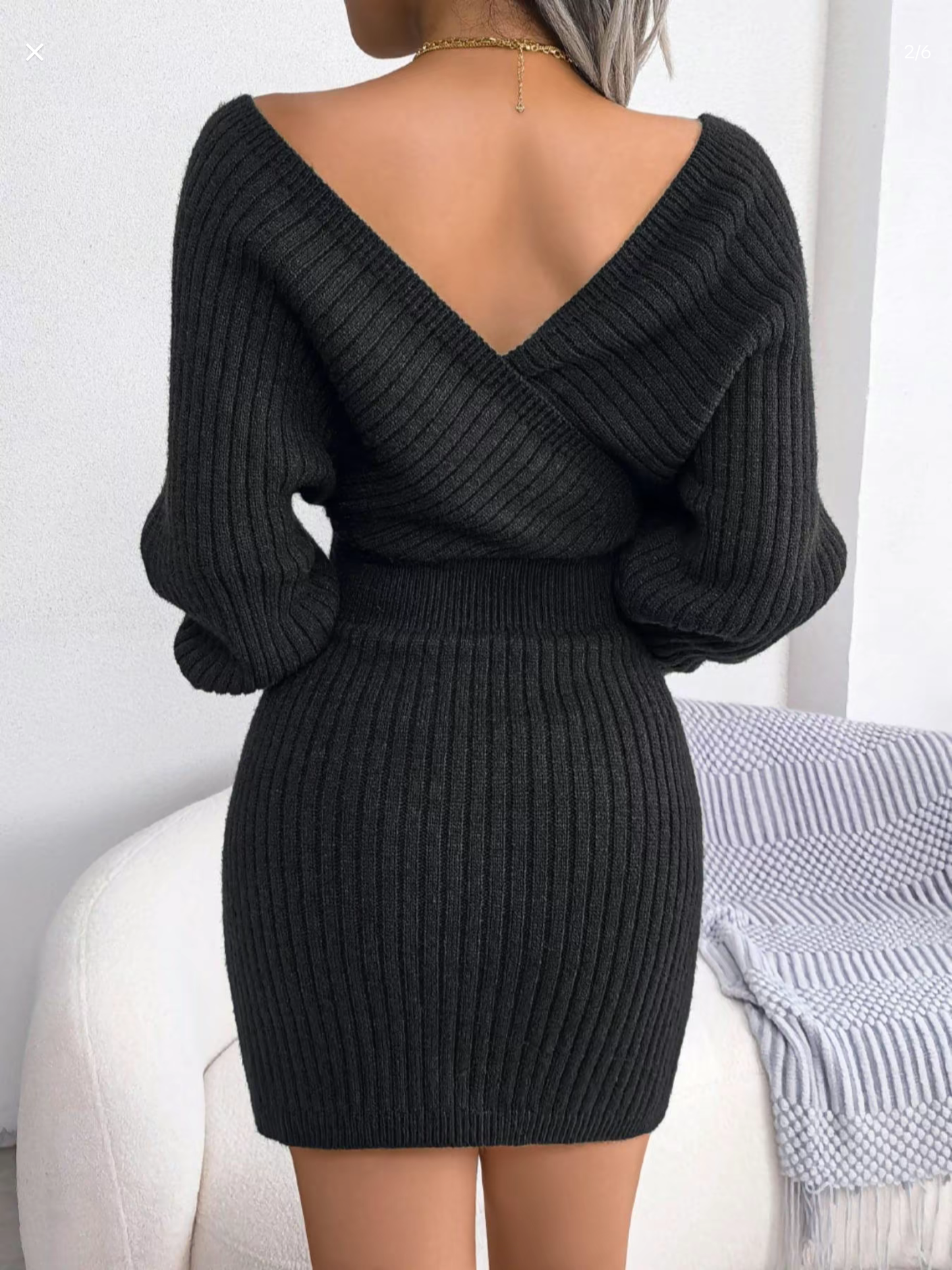 Solid Color Crossed V-Neck Batwing Sleeve Sweater Dress