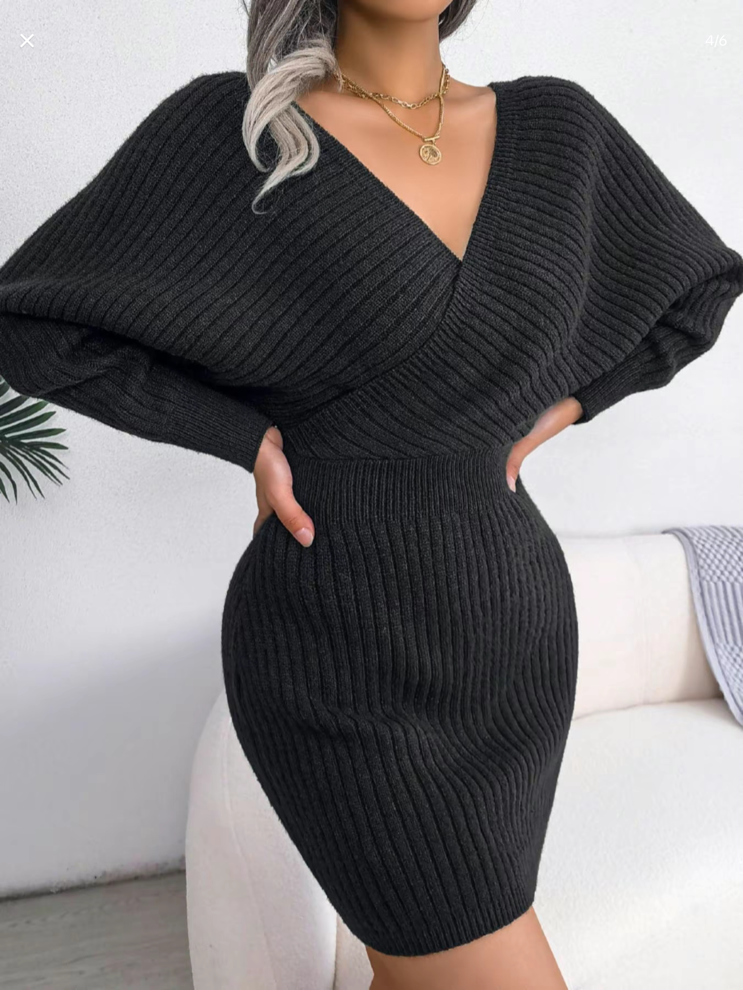 Solid Color Crossed V-Neck Batwing Sleeve Sweater Dress