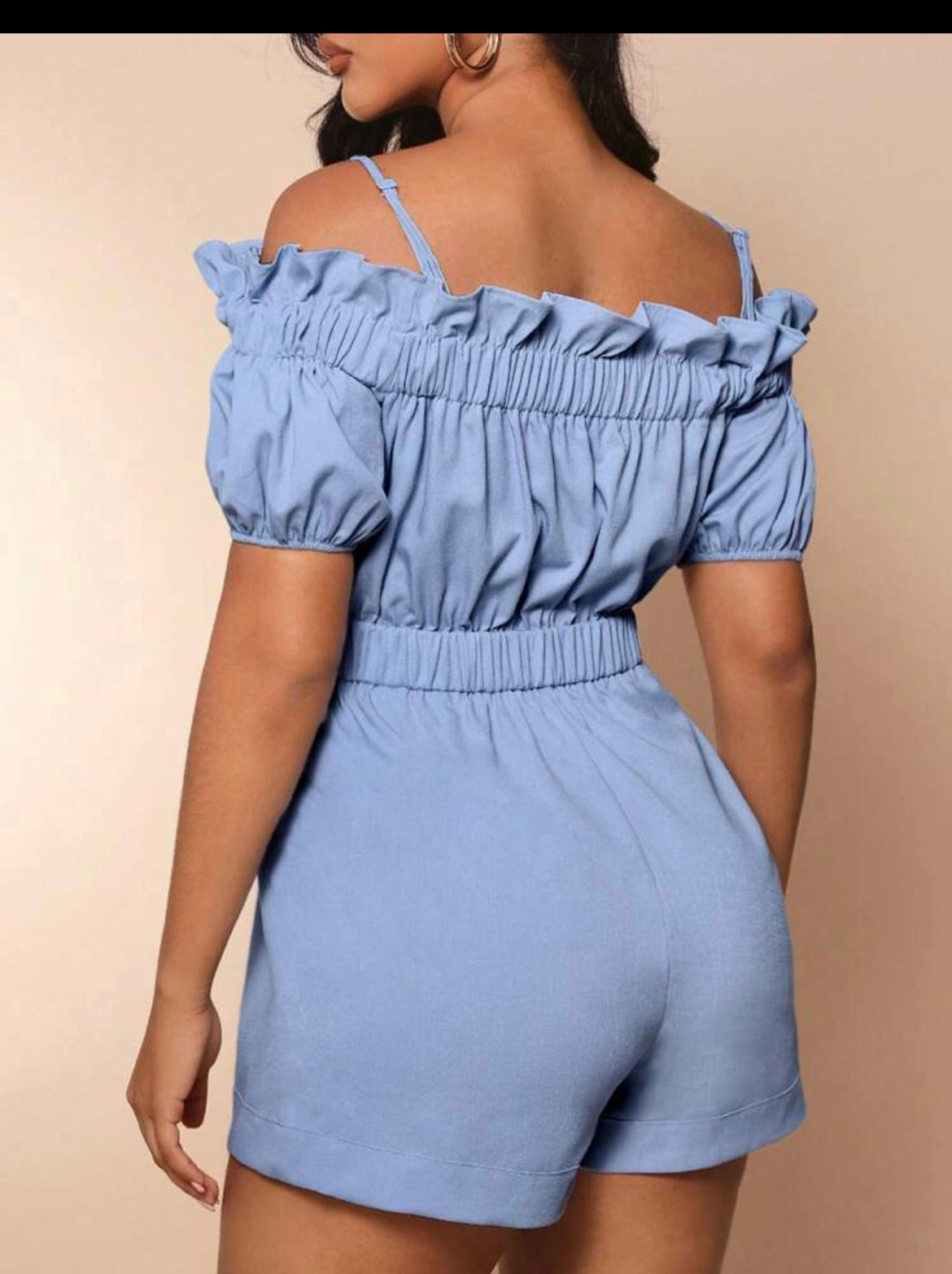 Cold Shoulder Ruffle Trim Puff Sleeve Romper