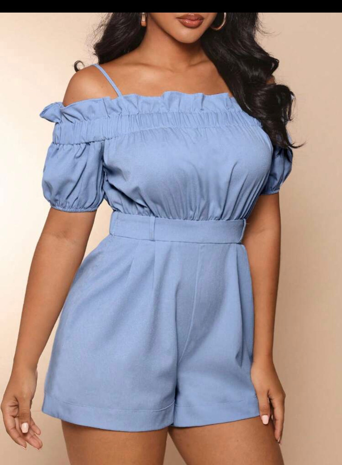 Cold Shoulder Ruffle Trim Puff Sleeve Romper