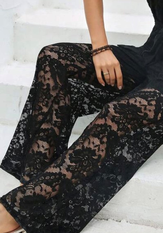 VCAY Lace Overlay Belted Tube Jumpsuit