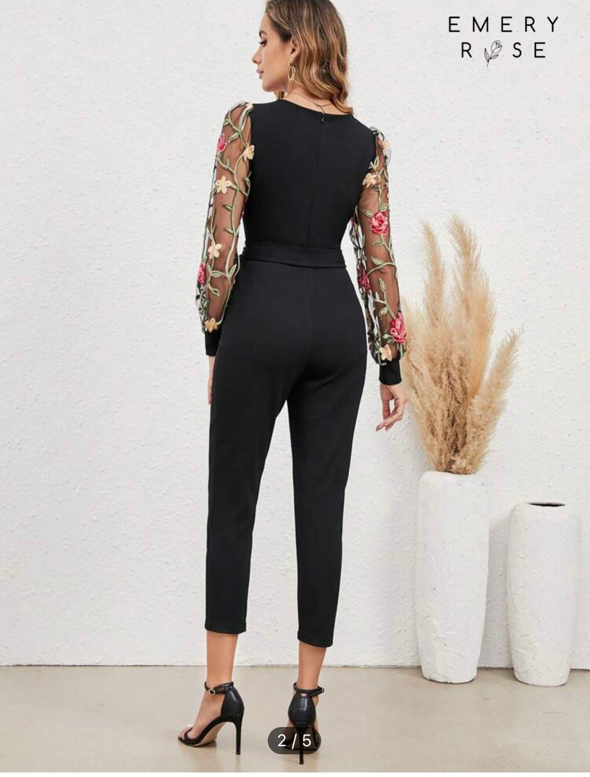 EMERY ROSE Floral Embroidery Mesh Sleeve Belted Jumpsuit
