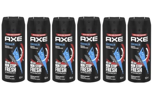 (6 Pack) Axe Adrenalin Body Spray for Men, 5.07 Oz (150ml) |Mandarin & Sandalwood scent |48H Non Stop Fresh |by SBD