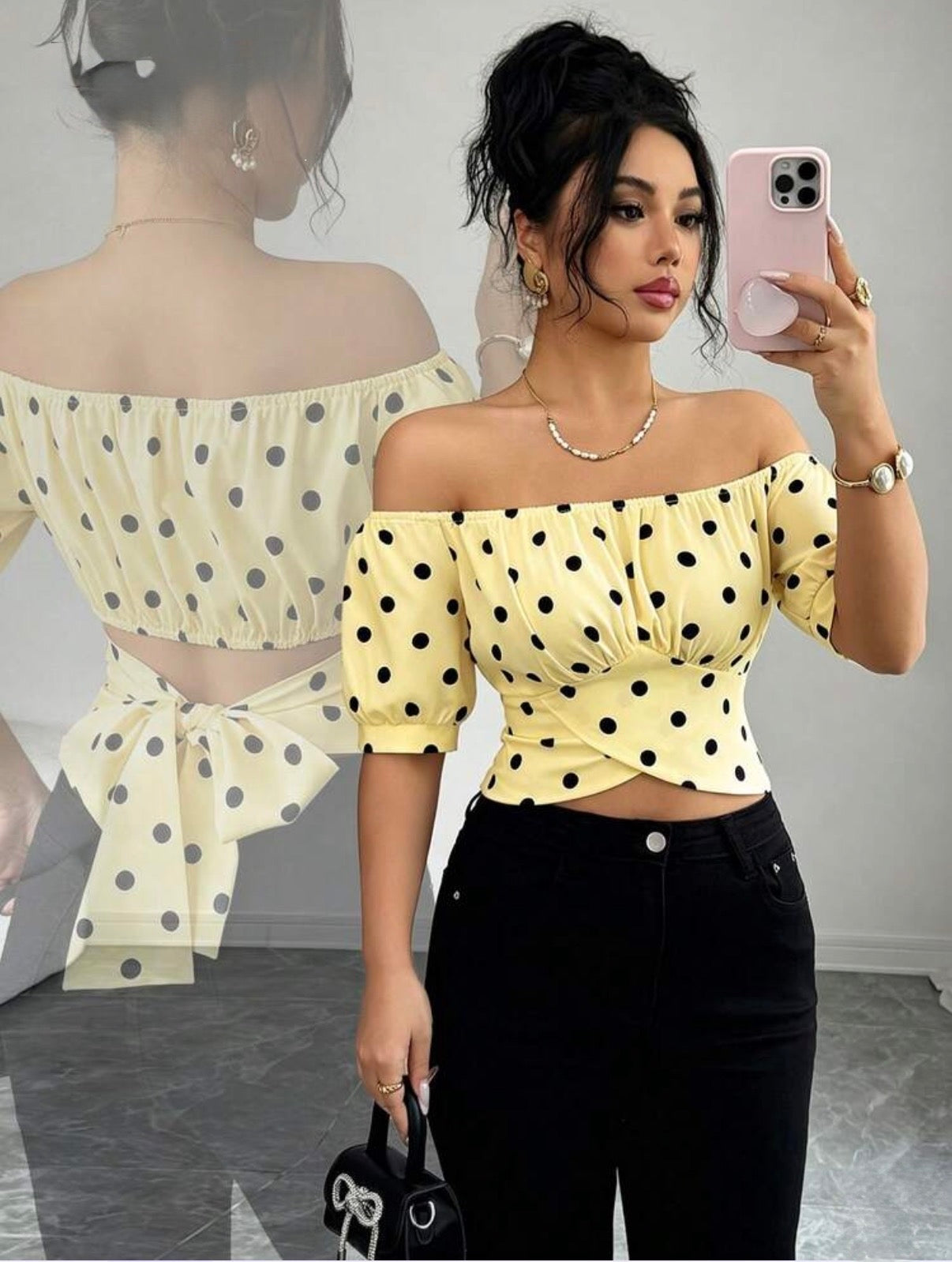 Elenzya Women's Polka Dot Tie Bow Off Shoulder Desig