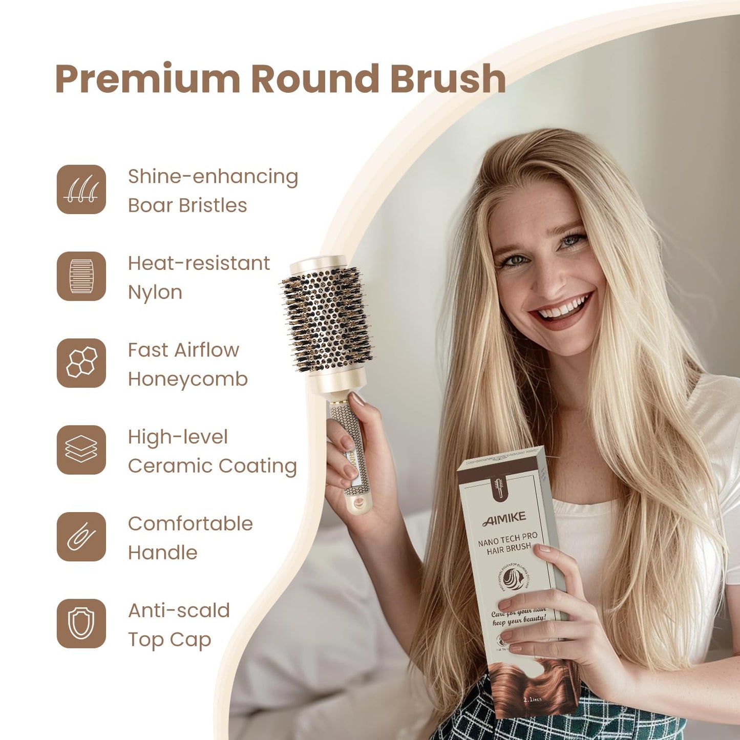 Round Brush, Nano Thermal Ceramic & Ionic Tech Hair Brush, Round Barrel Brush with Boar Bristles, Enhance Texture for Hair Drying, Styling, Curling and Shine (Barrel 2.1 Inch) + 4 Free Clips by AIMIKE