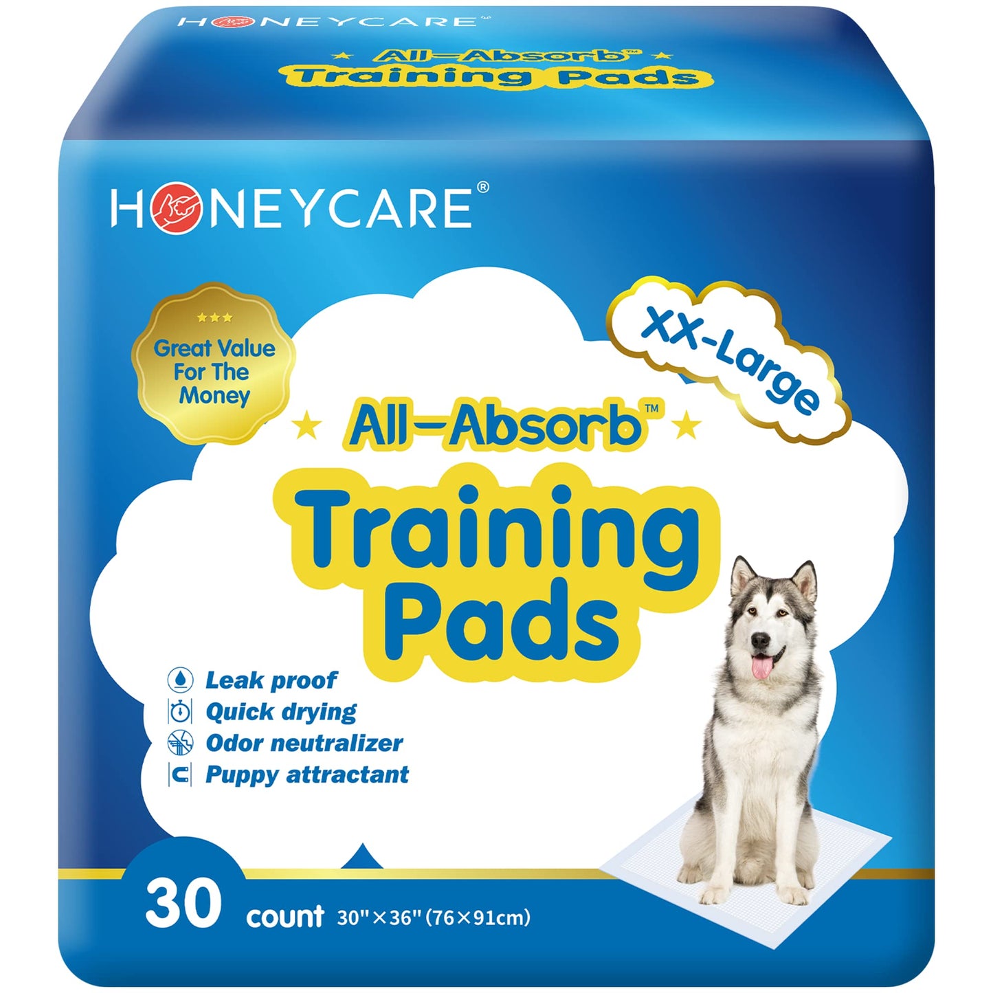 HONEY CARE All-Absorb, XXL 30"x36", 30 Count, Dog and Puppy Training Pads, Ultra Absorbent and Odor Eliminating, Leak-Proof 5-Layer Potty Training Pads with Quick-Dry Surface, Blue, A39