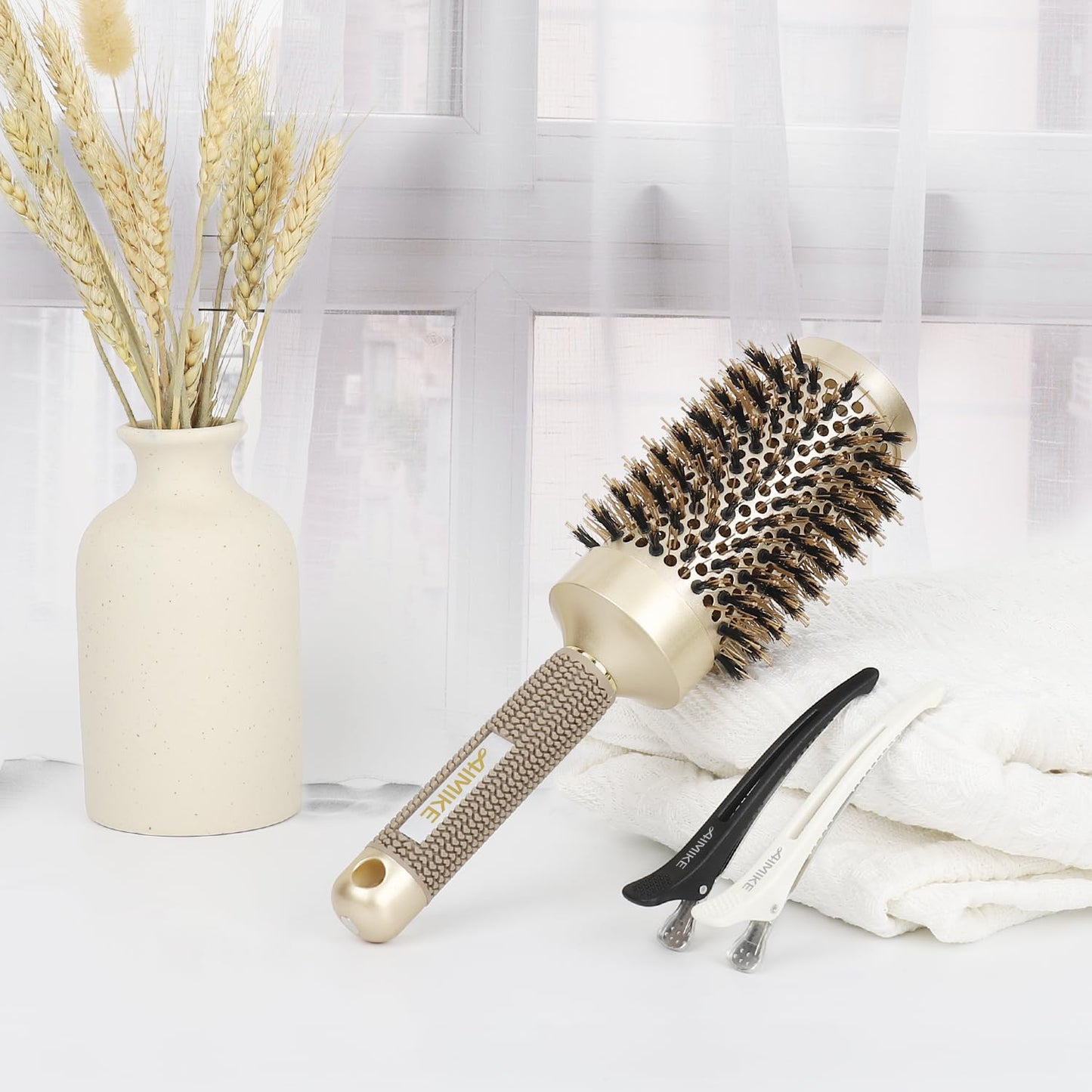 Round Brush, Nano Thermal Ceramic & Ionic Tech Hair Brush, Round Barrel Brush with Boar Bristles, Enhance Texture for Hair Drying, Styling, Curling and Shine (Barrel 2.1 Inch) + 4 Free Clips by AIMIKE