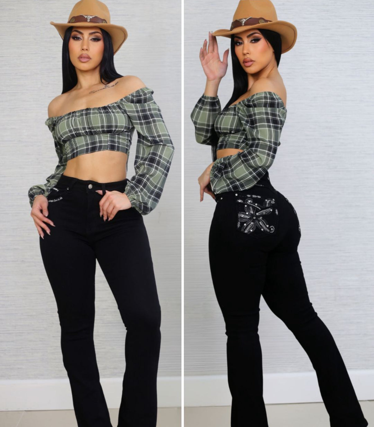 Women's Square Neck
Plaid Crop Top