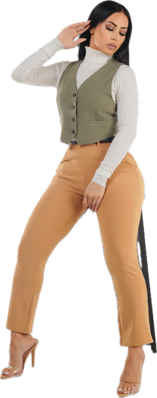 Butt Lift Straight Dressy Ankle Pants Khaki w Belt