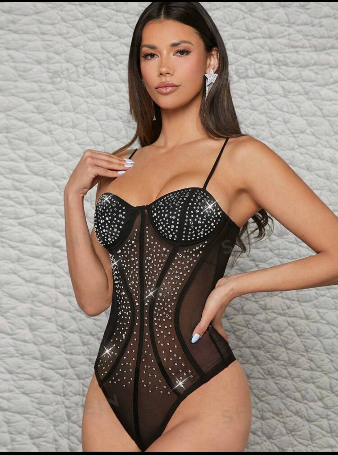 Haute Rhinestone Sheer Mesh Cami Bodysuit