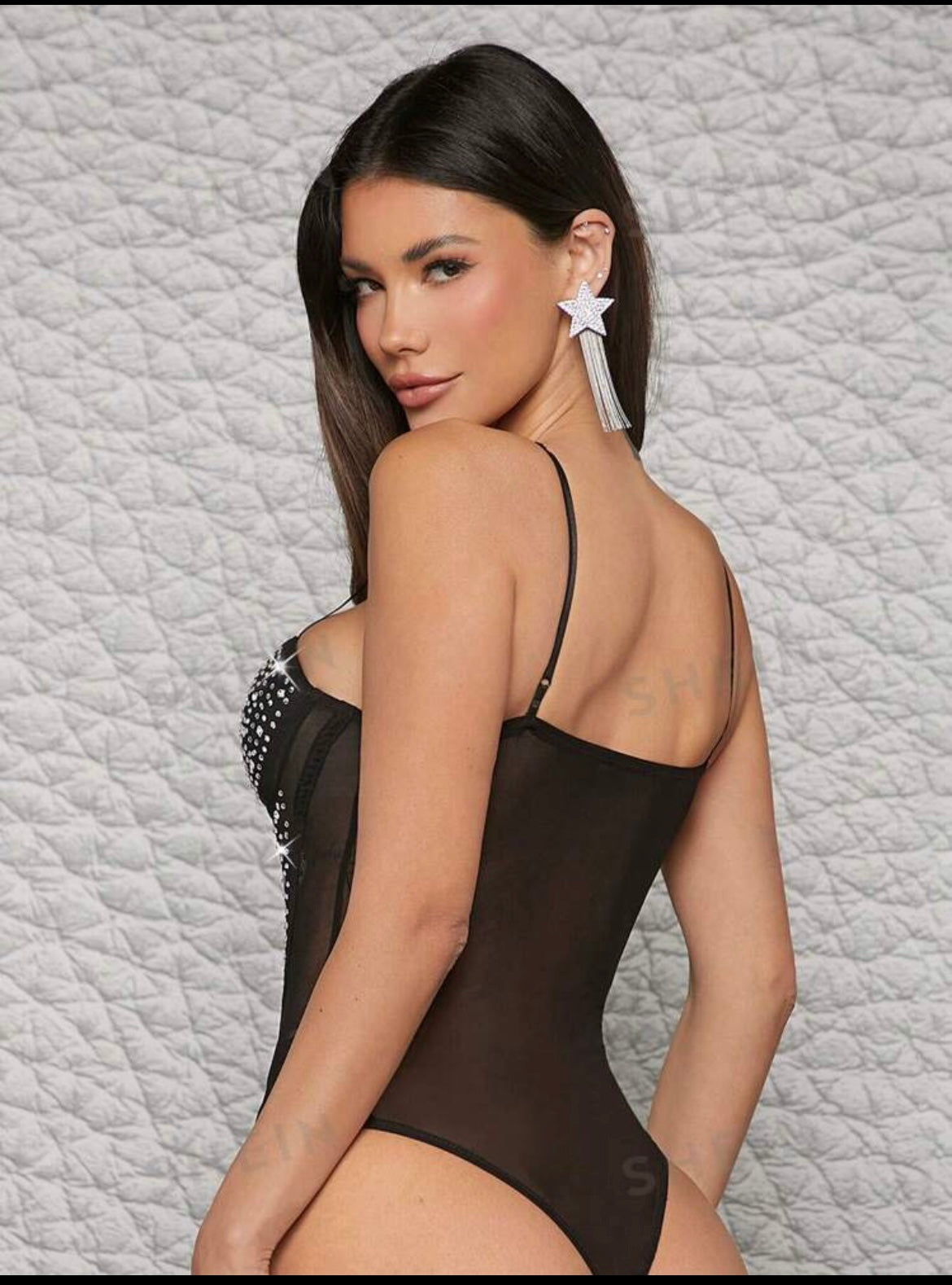 Haute Rhinestone Sheer Mesh Cami Bodysuit