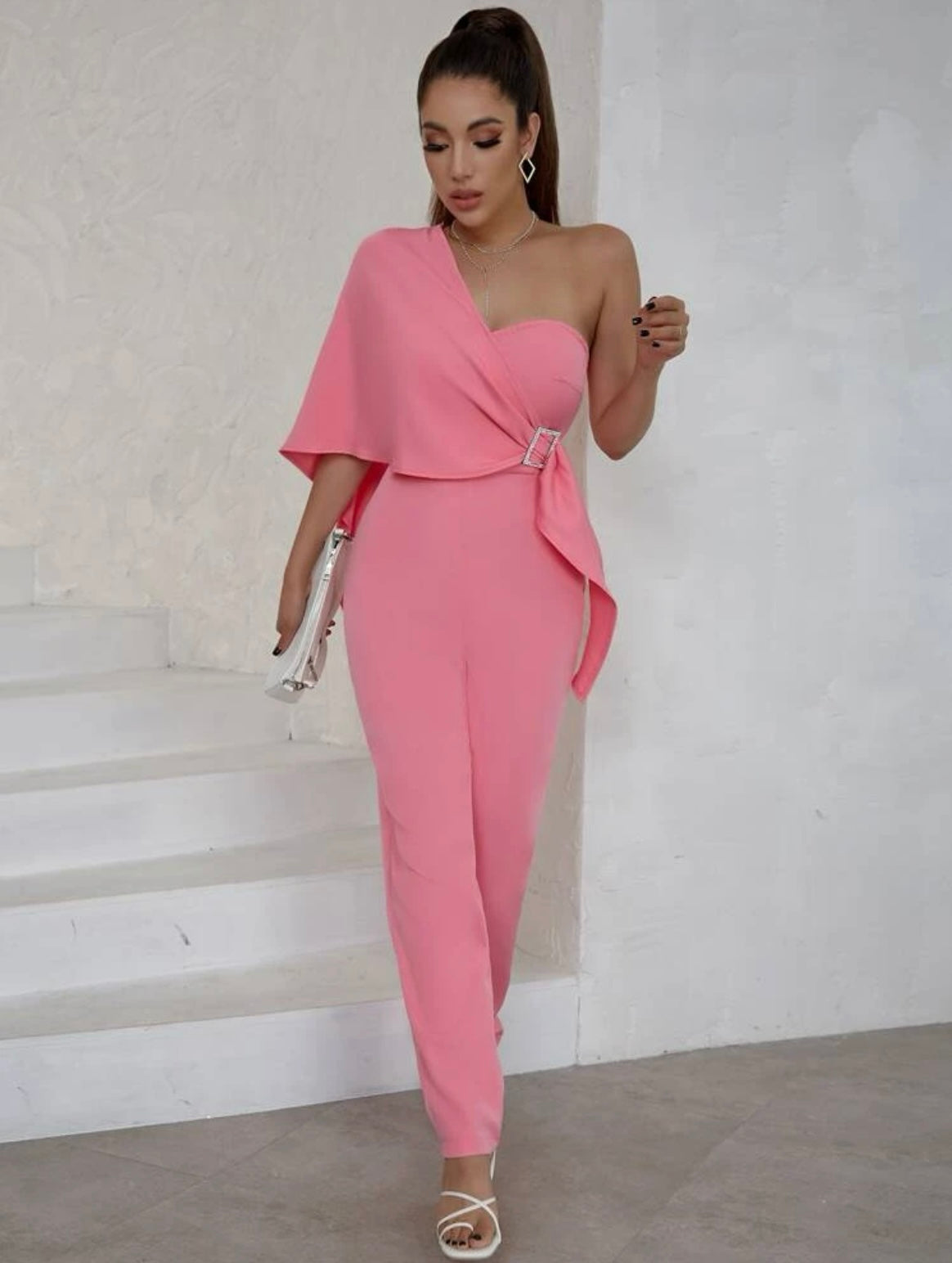 Shoulder Cloak Sleeve Buckled Jumpsuit