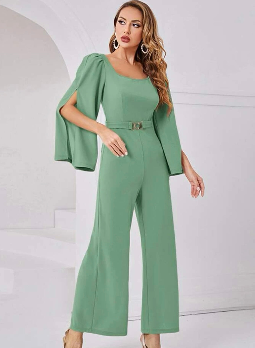 Modely Split Sleeve Wide Leg Belted Jumpsuit