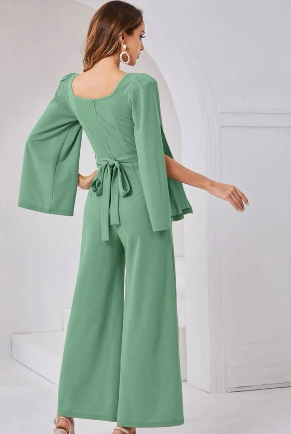 Modely Split Sleeve Wide Leg Belted Jumpsuit