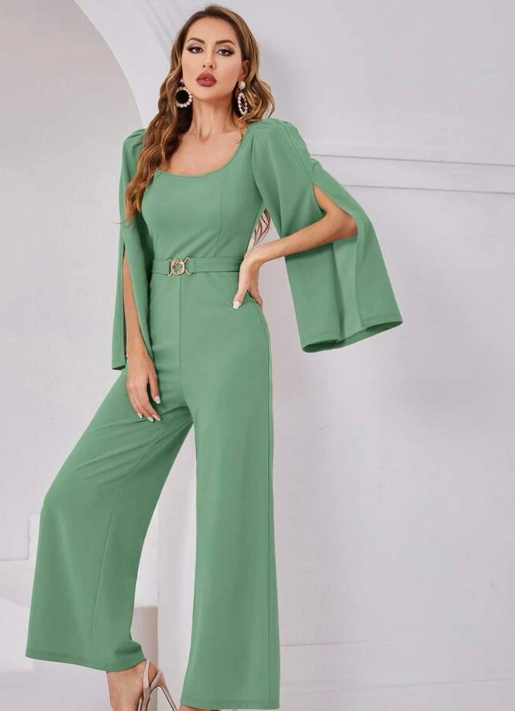 Modely Split Sleeve Wide Leg Belted Jumpsuit