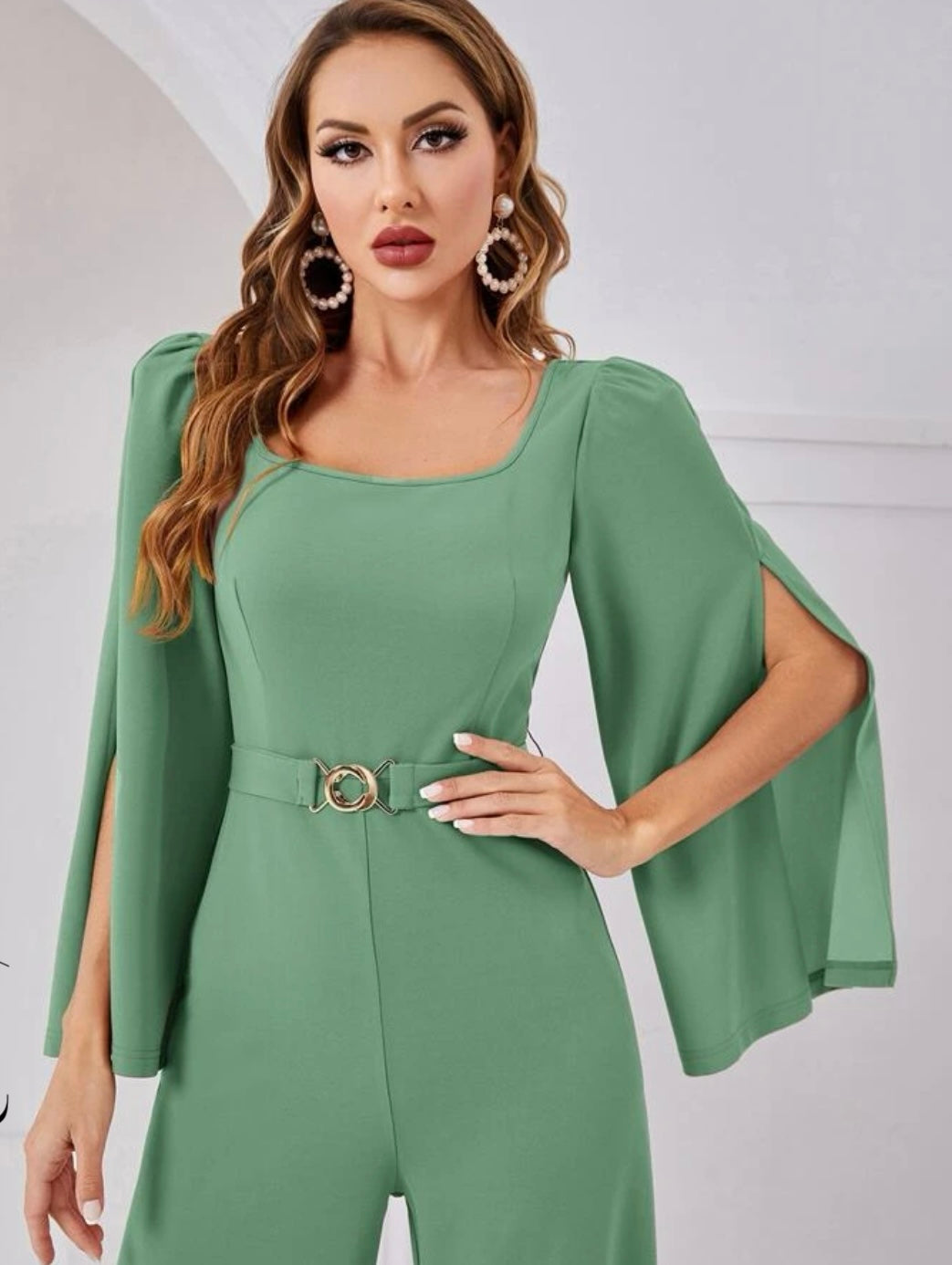 Modely Split Sleeve Wide Leg Belted Jumpsuit