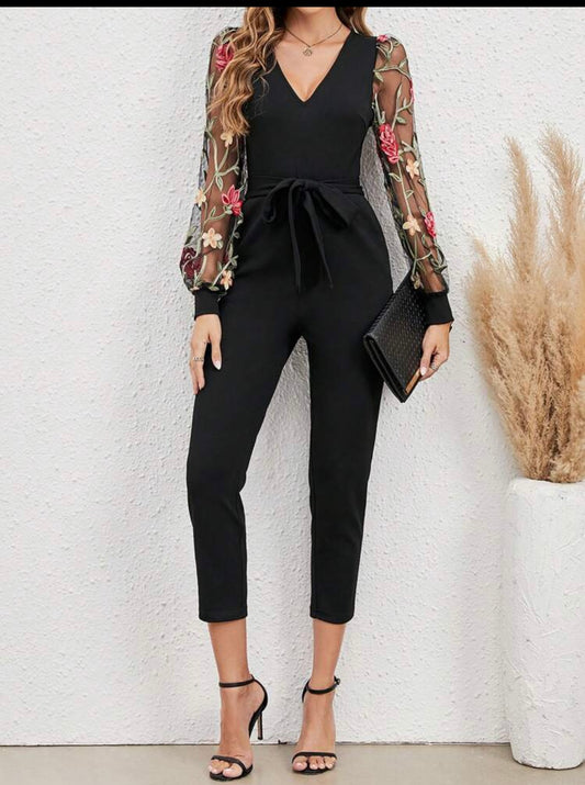 EMERY ROSE Floral Embroidery Mesh Sleeve Belted Jumpsuit